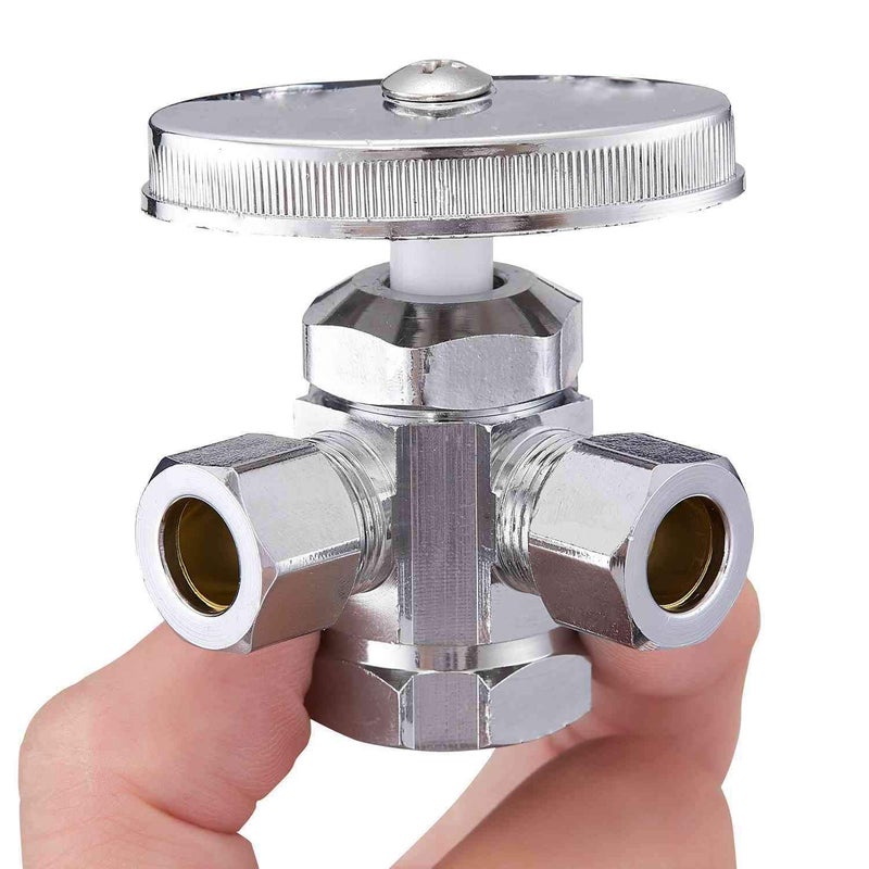 Minimprover Chrome Plated Heavy Duty Brass 3-way 360 Angle Stop Valve, 1/2"FIP Inlet x 3/8"OD Compression x 3/8"OD Compression Dual Outlet Valve - Image 1